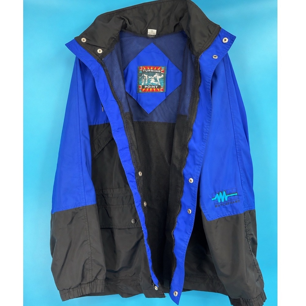 Turning Point Vintage 90s Blue Black Colorblock Hooded Windbreaker Jacket